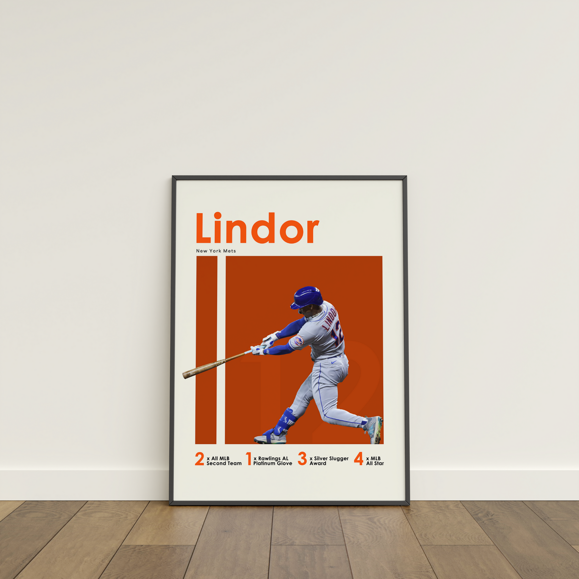 framed poster mockup of baseball player francisco lindor leaning on a white wall