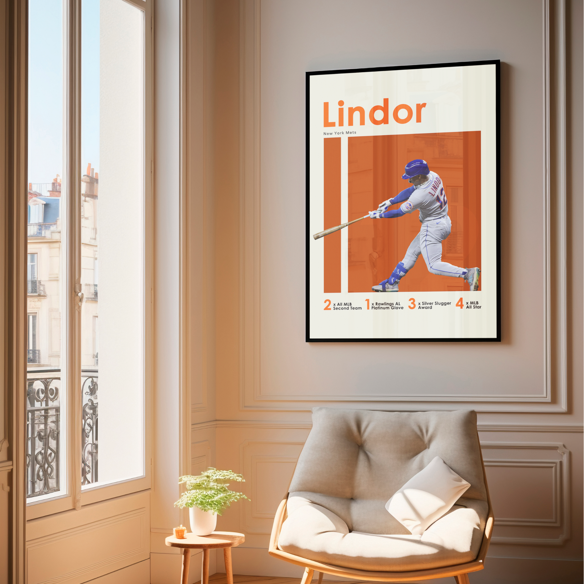 framed poster mockup of baseball player francisco lindor hanging in a living room