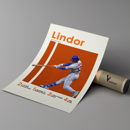 poster mockup of baseball player francisco lindor leaning on a cardboard tube