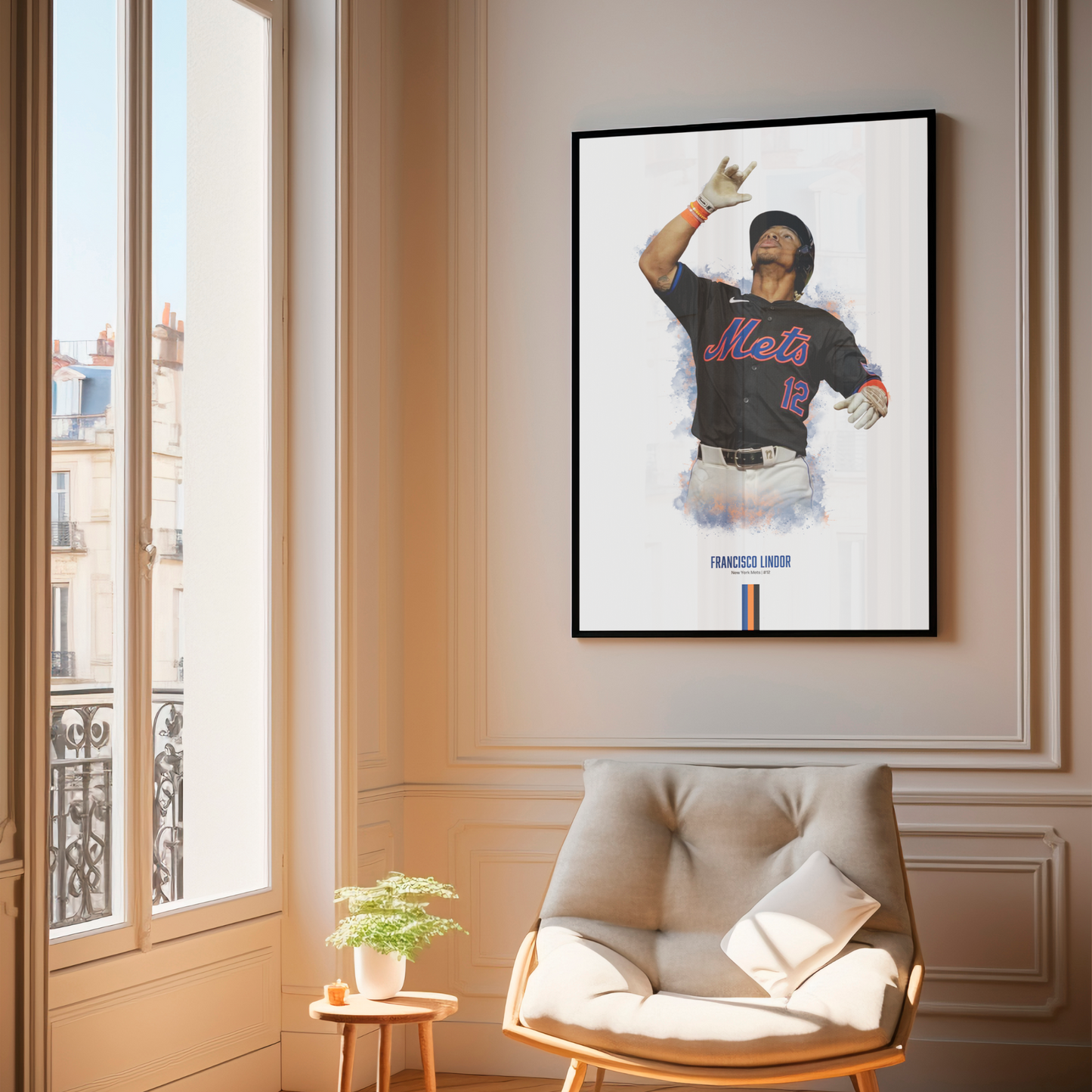 framed poster mockup of baseball player francisco lindor hanging in a living room