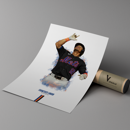 poster mockup of baseball player francisco lindor leaning on a cardboard tube