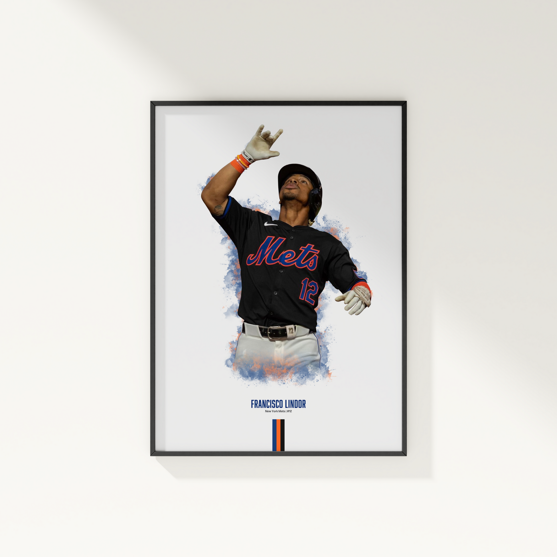 framed poster mockup of baseball player francisco lindor hanging on a white wall