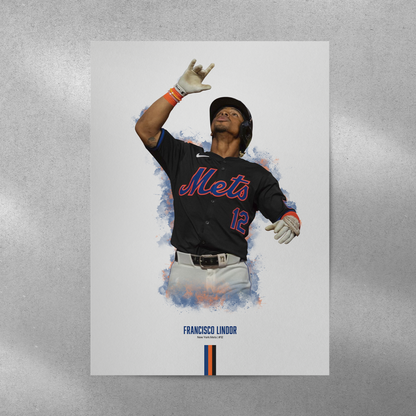 poster mockup of baseball player francisco lindor on a grey wall