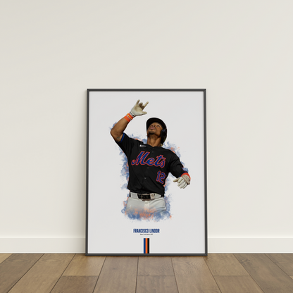 framed poster mockup of baseball player francisco lindor leaning on a white wall