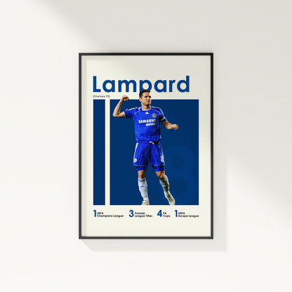 framed poster mockup of soccer player frank lampard hanging on a white wall