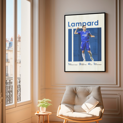 framed poster mockup of soccer player frank lampard hanging in a living room