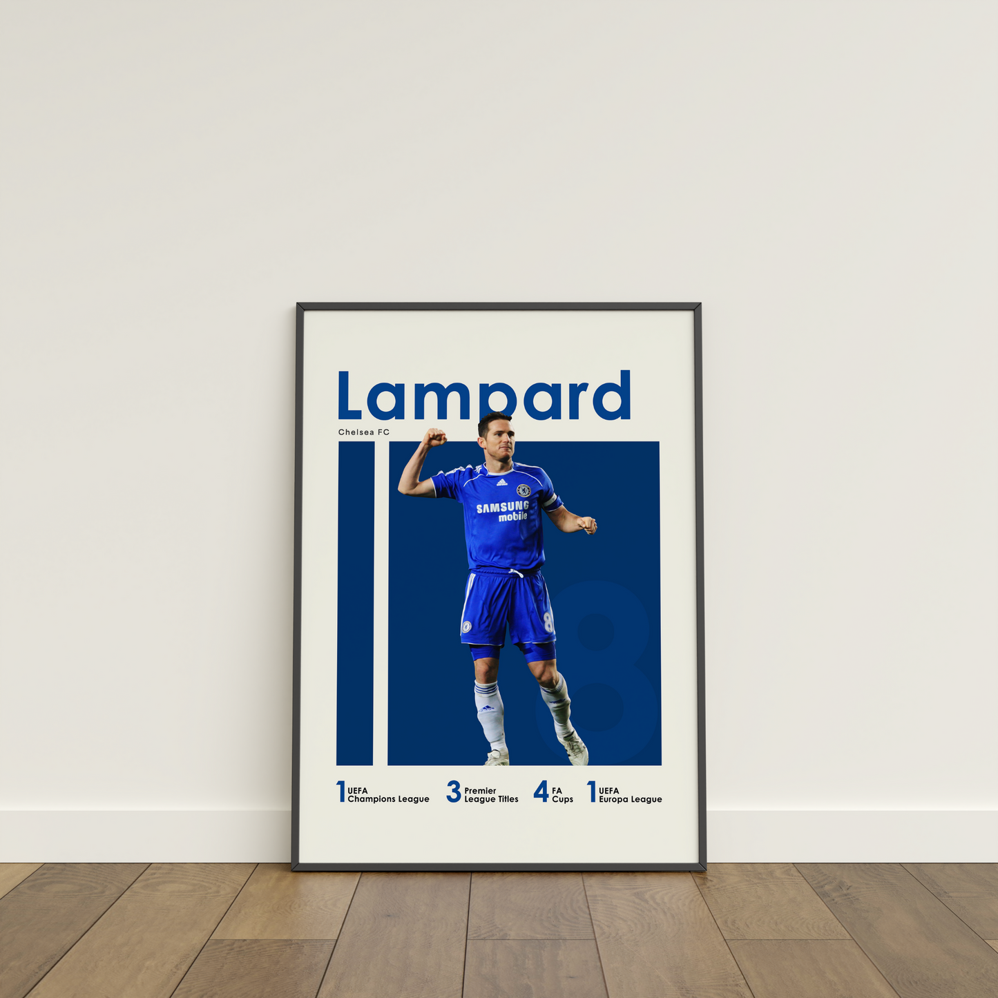 framed poster mockup of soccer player frank lampard leaning on a white wall