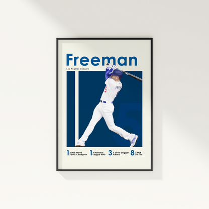 framed poster mockup of baseball player freddie freeman hanging on a white wall