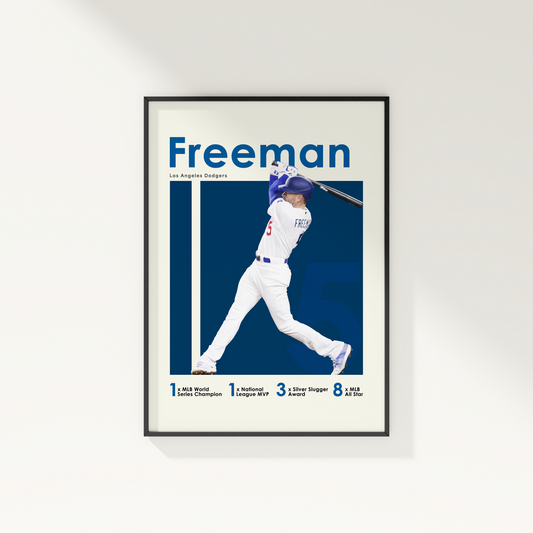 framed poster mockup of baseball player freddie freeman hanging on a white wall