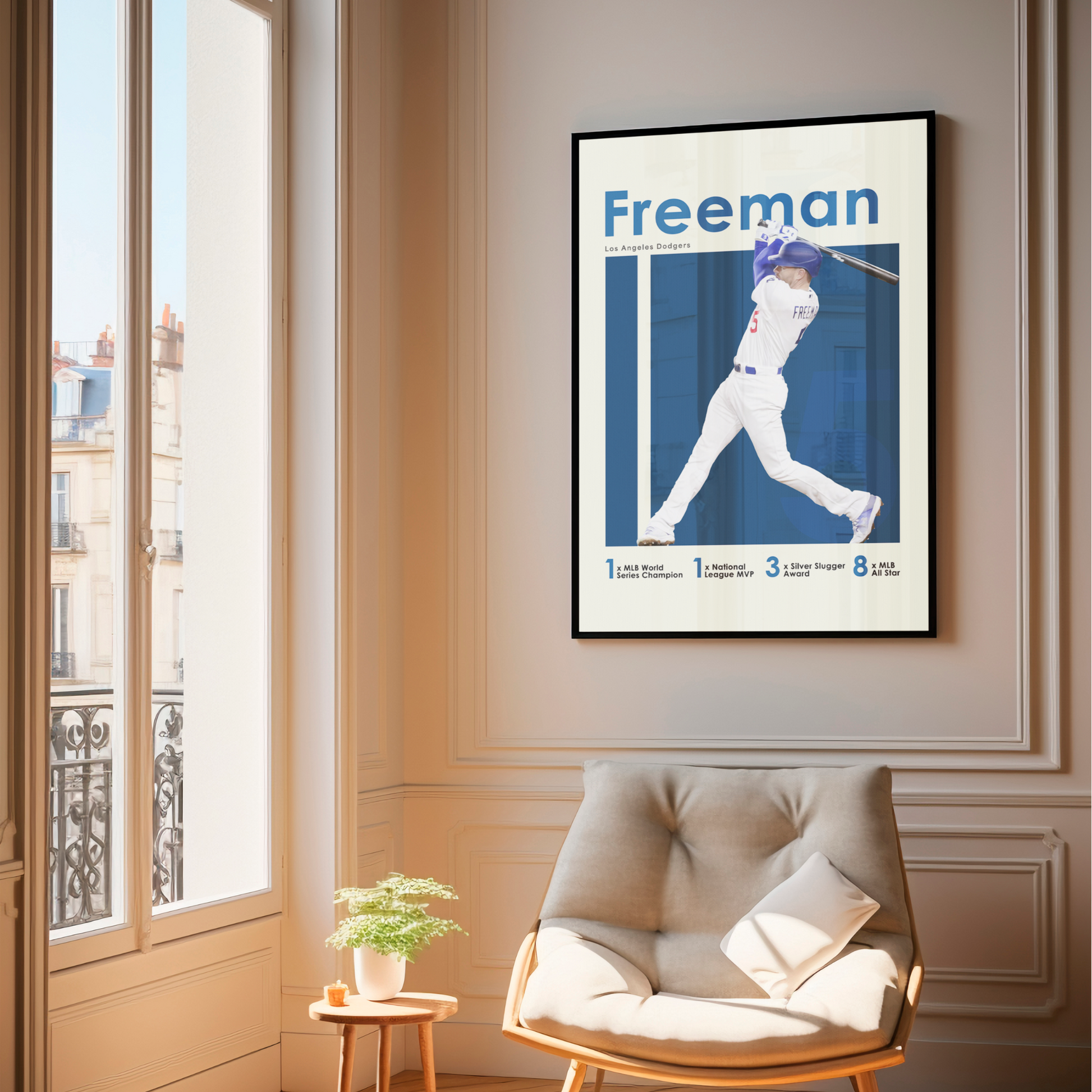 framed poster mockup of baseball player freddie freeman hanging in a living room