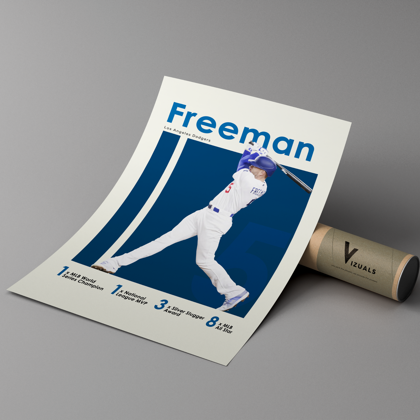 poster mockup of baseball player freddie freeman leaning on a cardboard tube