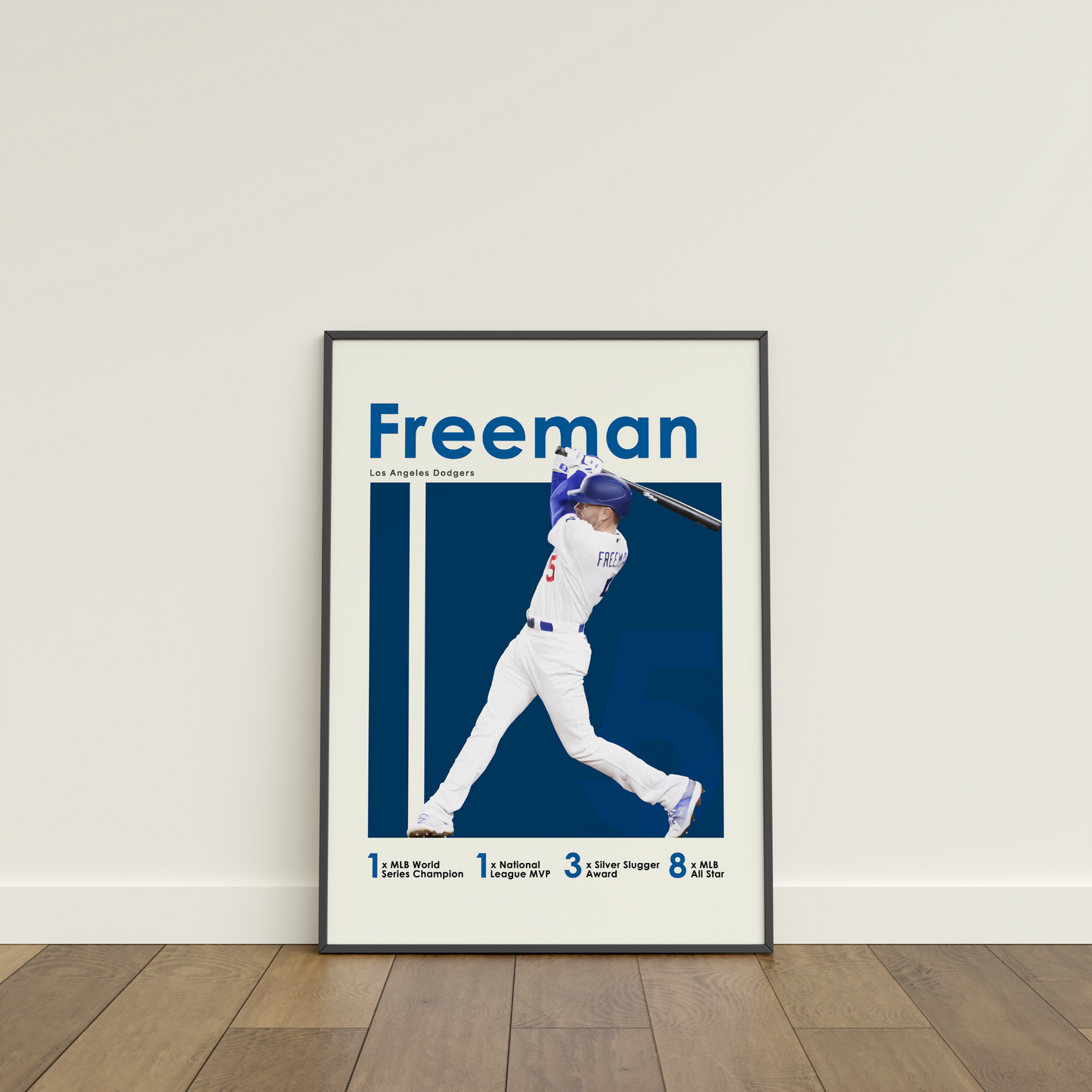 framed poster mockup of baseball player freddie freeman leaning on a white wall