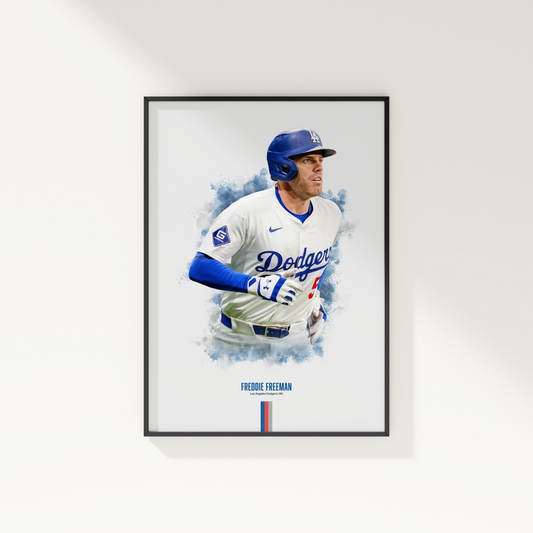 framed poster mockup of baseball player freddie freeman hanging on a white wall