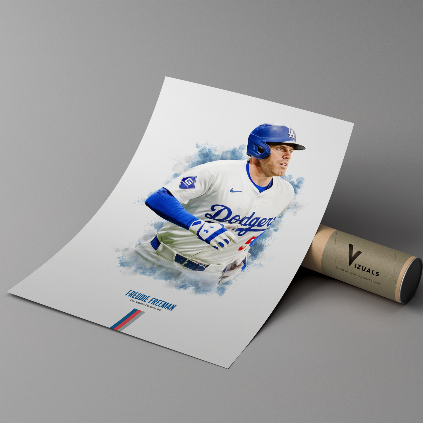 poster mockup of baseball player freddie freeman leaning on a cardboard tube