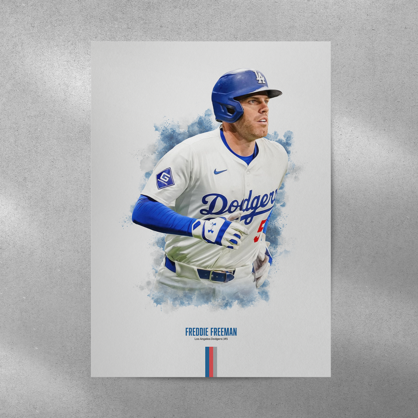 poster mockup of baseball player freddie freeman on a grey wall