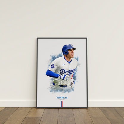 framed poster mockup of baseball player freddie freeman leaning on a white wall