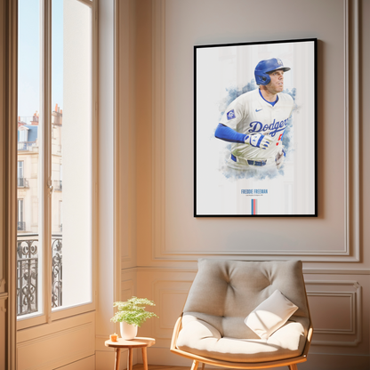 framed poster mockup of baseball player freddie freeman hanging in a living room