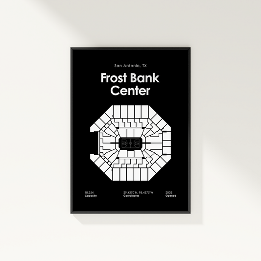 Framed poster of Frost Bank Center layout with black background and white text