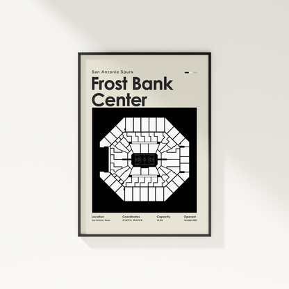 Framed poster of Frost Bank Center with seating chart and text on a white wall.