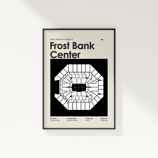 Framed poster of Frost Bank Center with seating chart and text on a white wall.