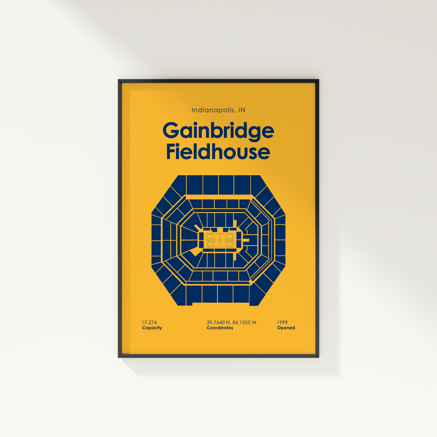 Framed poster of Gainbridge Fieldhouse with blue seating layout on a yellow background