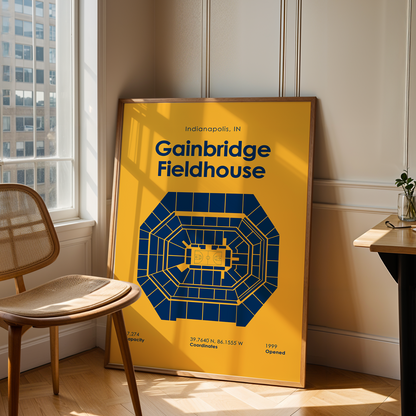 Poster of Gainbridge Fieldhouse in a room with a chair and table.