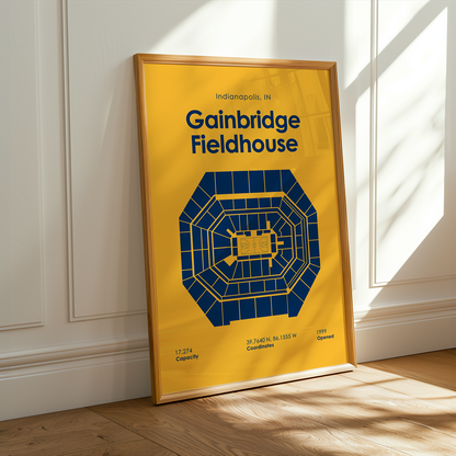 Framed poster of Gainbridge Fieldhouse on a wall with sunlight casting shadows.