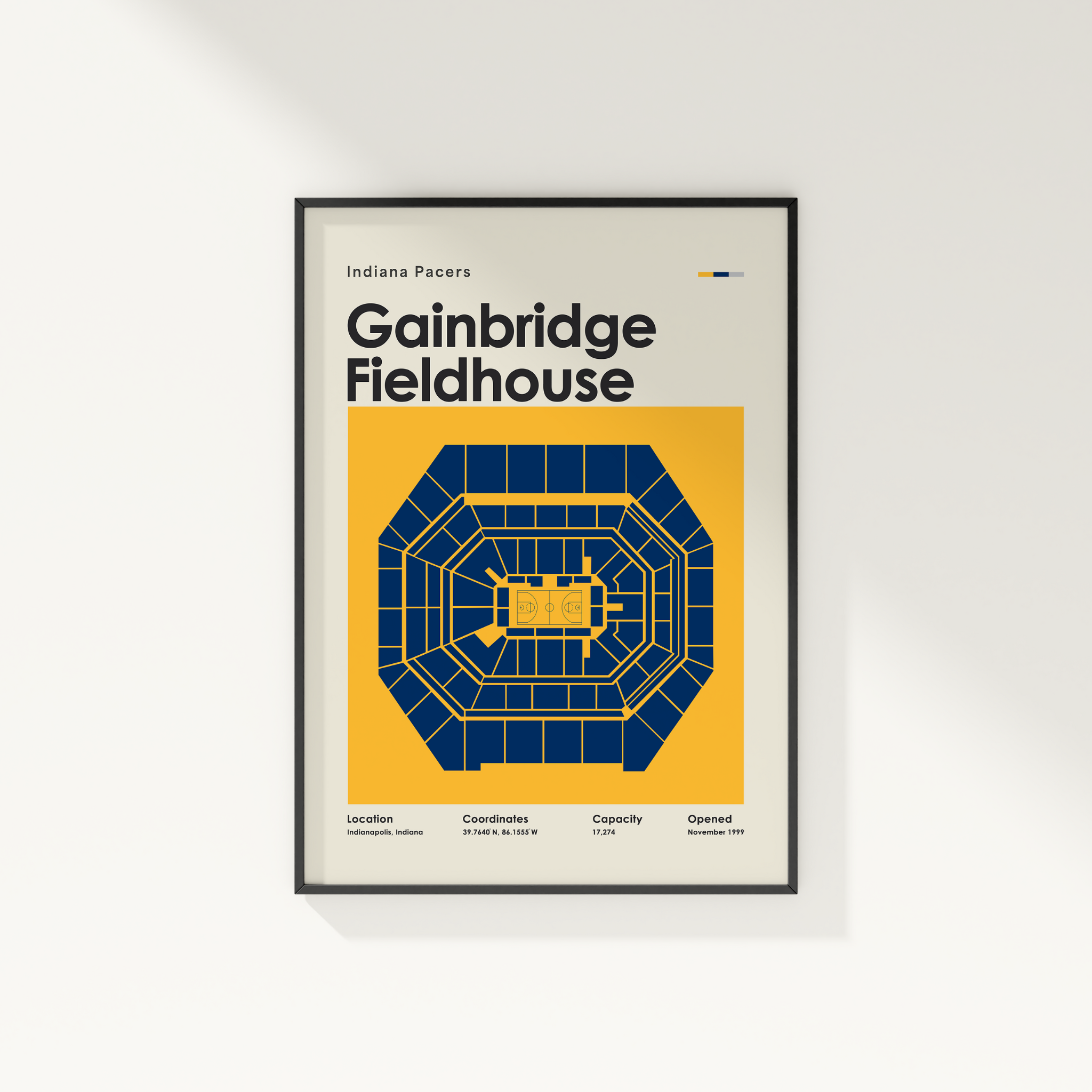 Framed poster of Gainbridge Fieldhouse with blue seating layout on a yellow background.