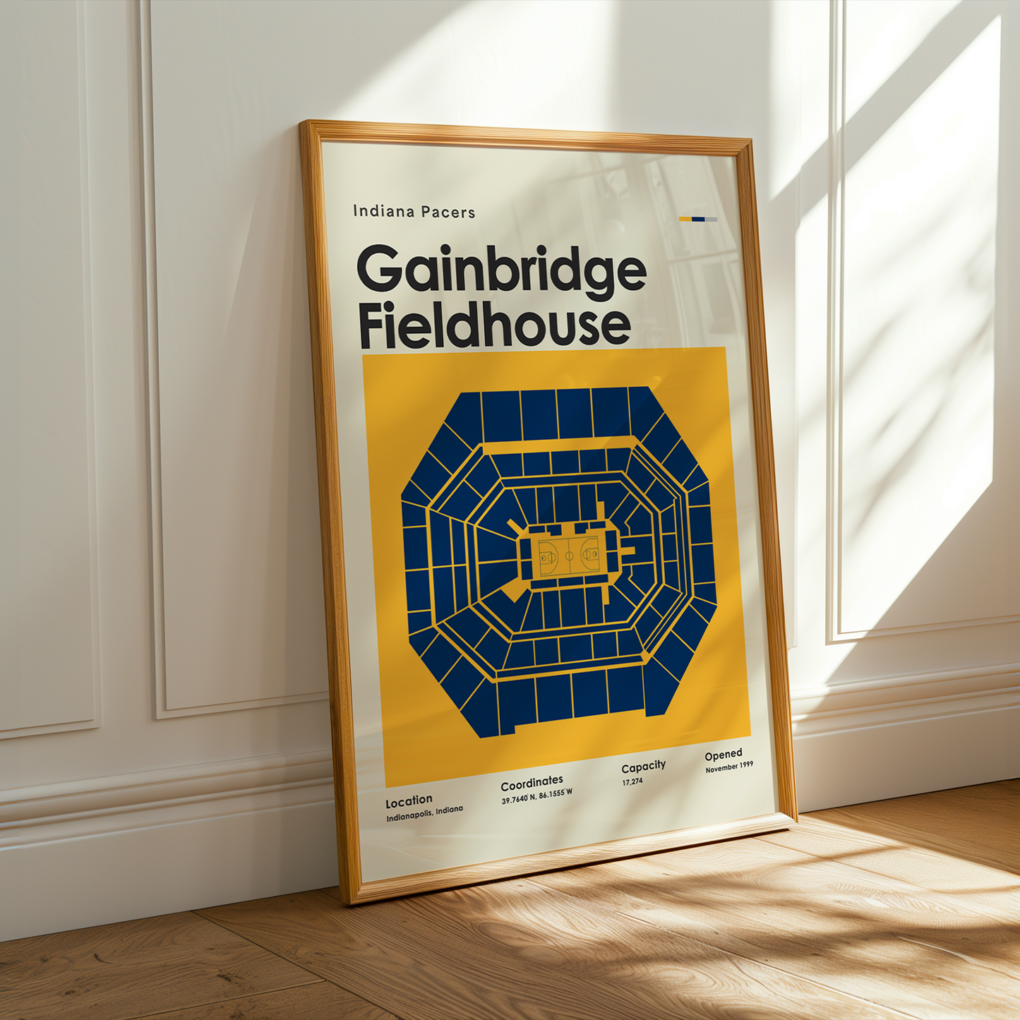 Framed poster of Gainbridge Fieldhouse with Indiana Pacers branding on a wooden floor.