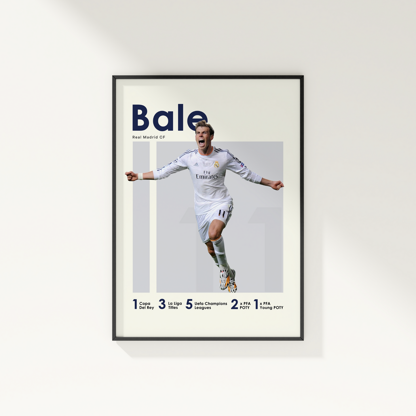 framed poster mockup of soccer player gareth bale hanging on a white wall