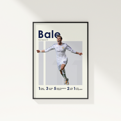 framed poster mockup of soccer player gareth bale hanging on a white wall