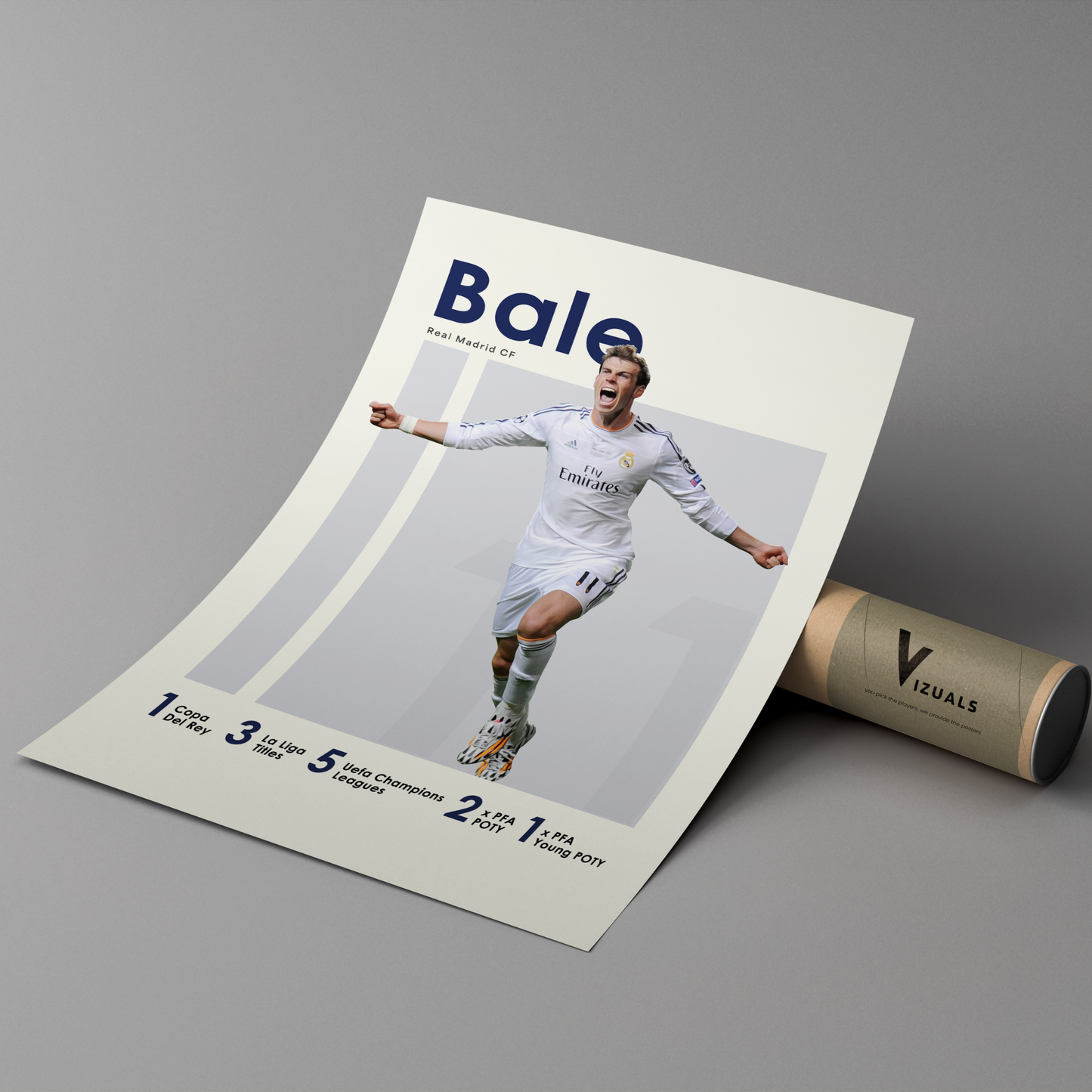 poster mockup of soccer player gareth bale leaning on a cardboard tube