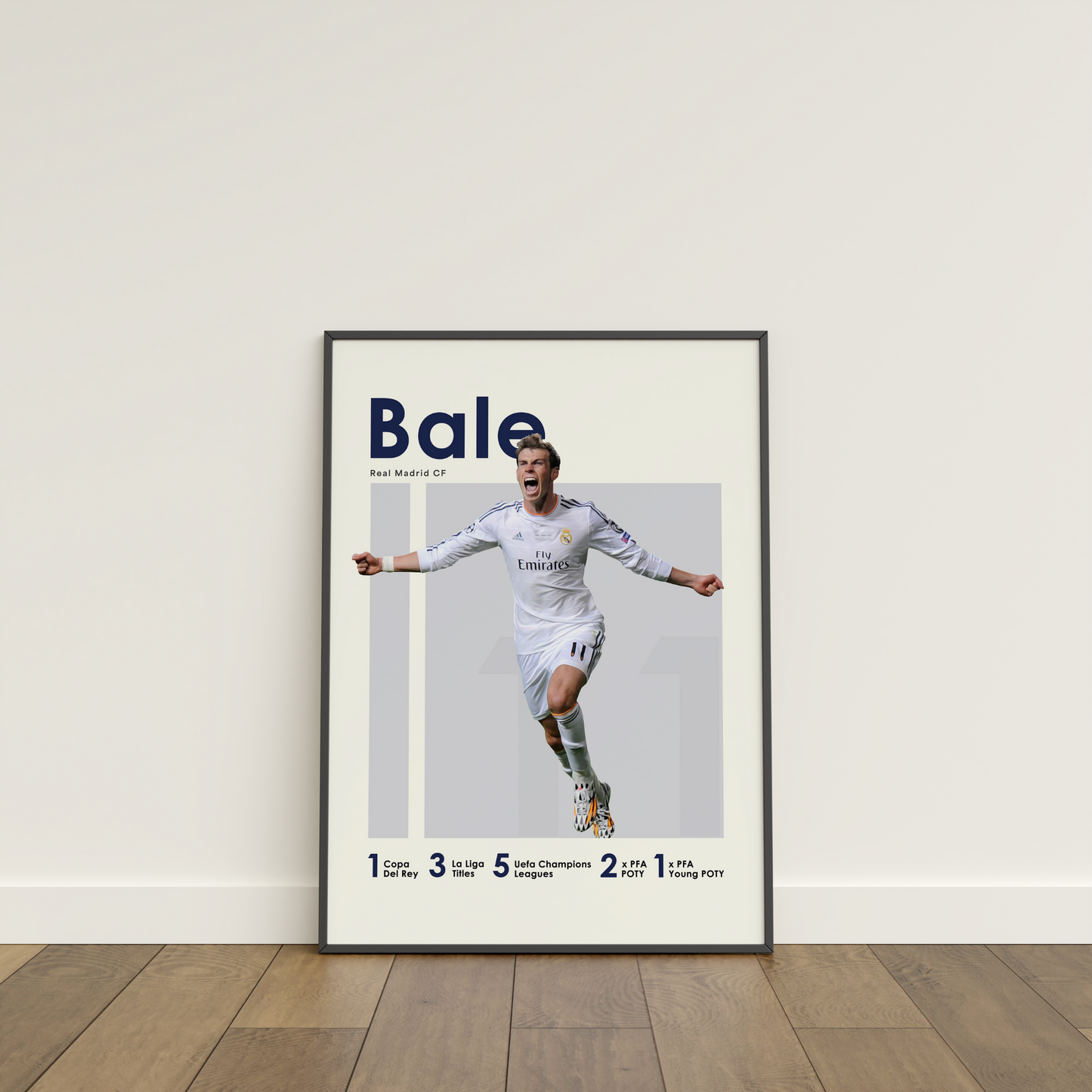 framed poster mockup of soccer player gareth bale leaning on a white wall