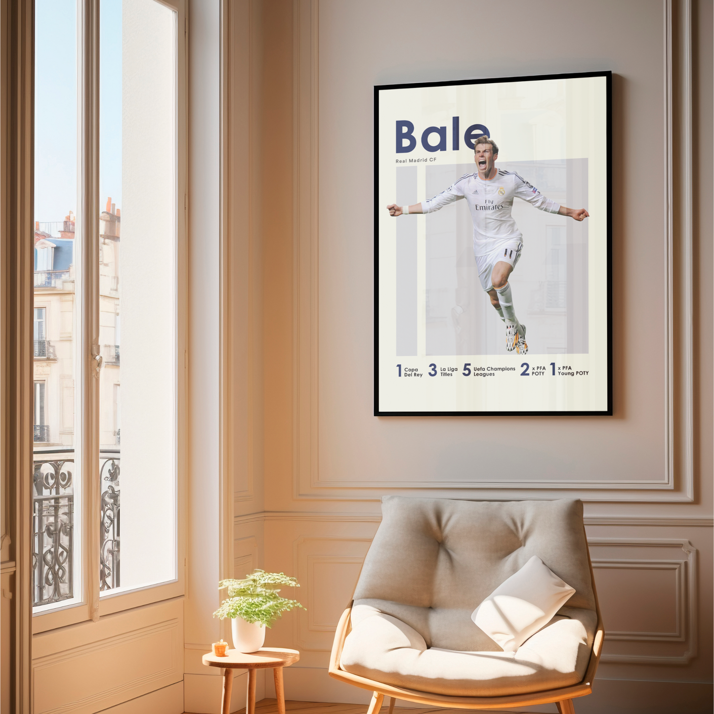 framed poster mockup of soccer player gareth bale hanging in a living room