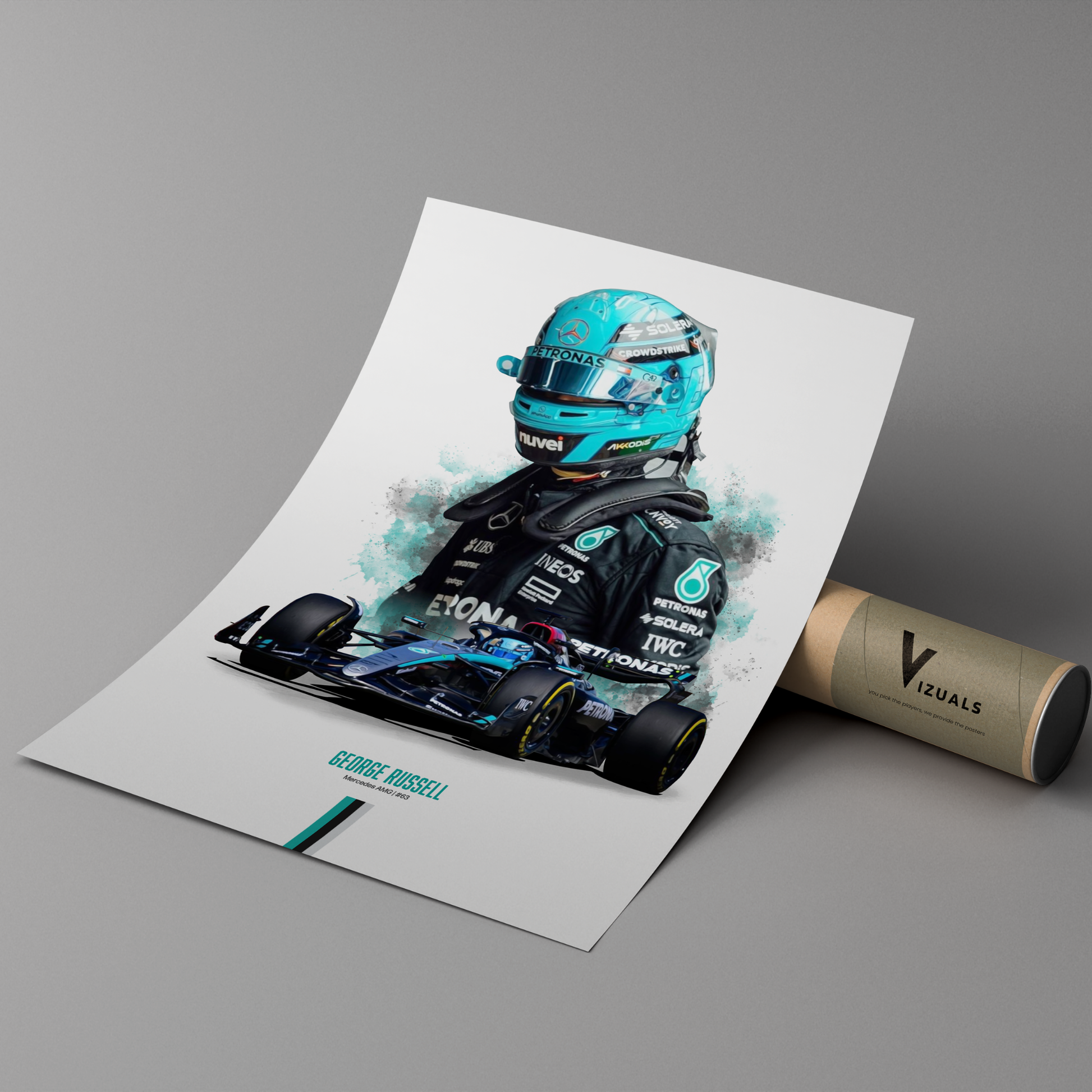 poster mockup of formula 1 driver george russell leaning on a cardboard tube