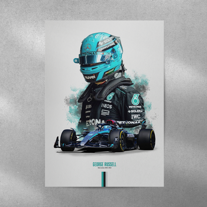 poster mockup of formula 1 driver george russell on a grey wall