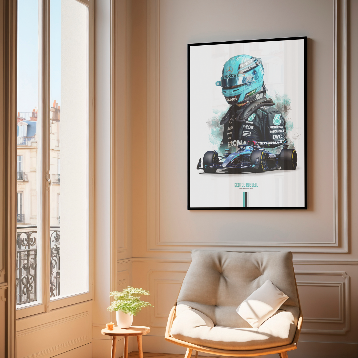 framed poster mockup of formula 1 driver george russell hanging in a living room