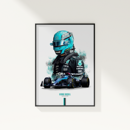 framed poster mockup of formula 1 driver george russell hanging on a white wall