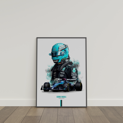 framed poster mockup of formula 1 driver george russell leaning on a white wall