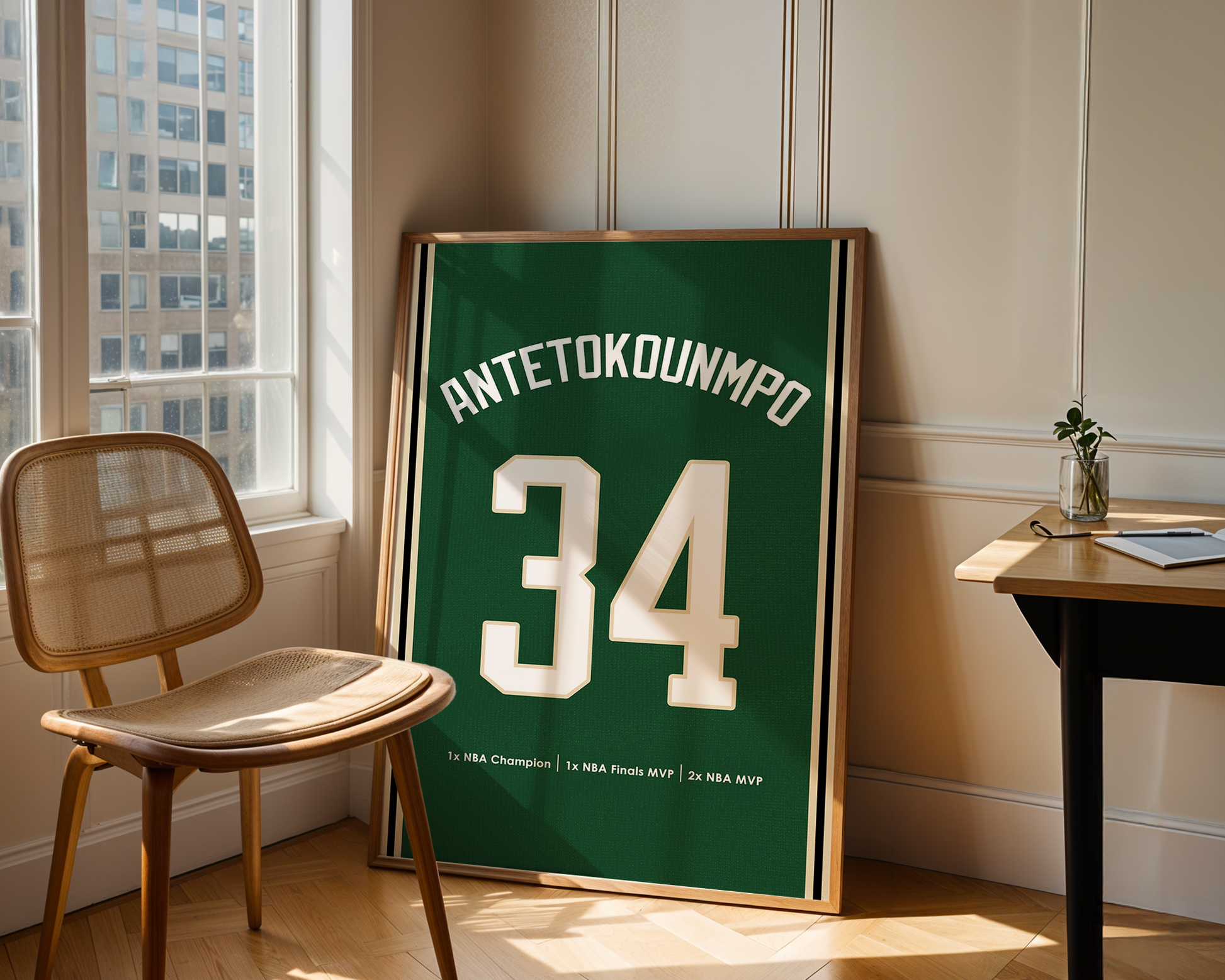 Framed sports jersey with 'Antetokounmpo' and number '34' in a room with a window and chair.