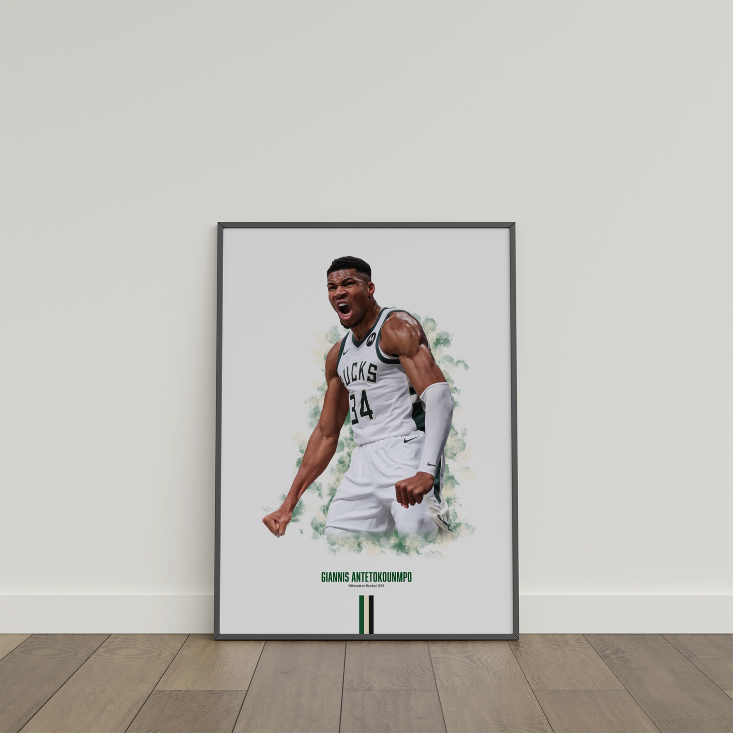 framed poster mockup of basketball player giannis antetokounmpo leaning on a white wall