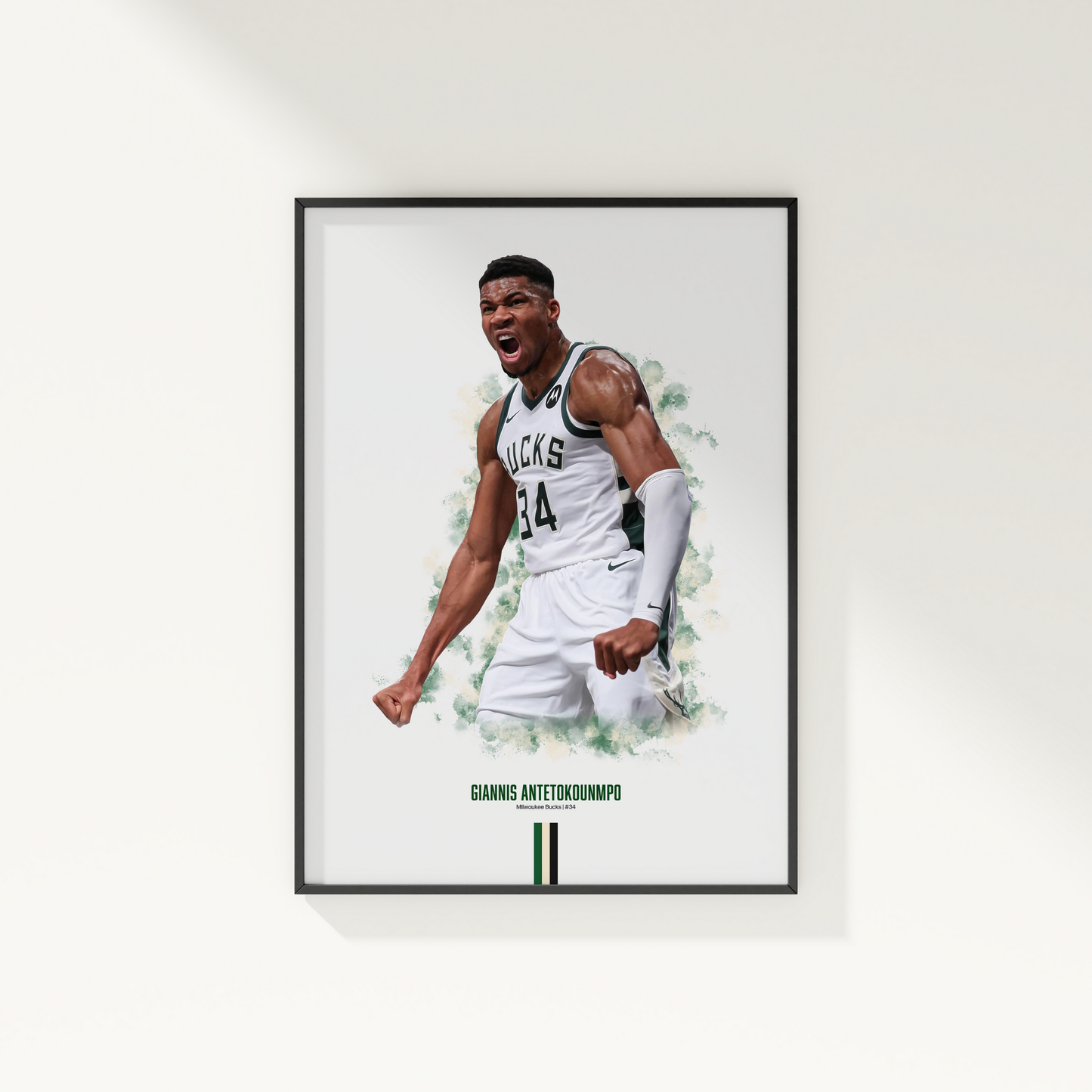 framed poster mockup of basketball player giannis antetokounmpo hanging on a white wall