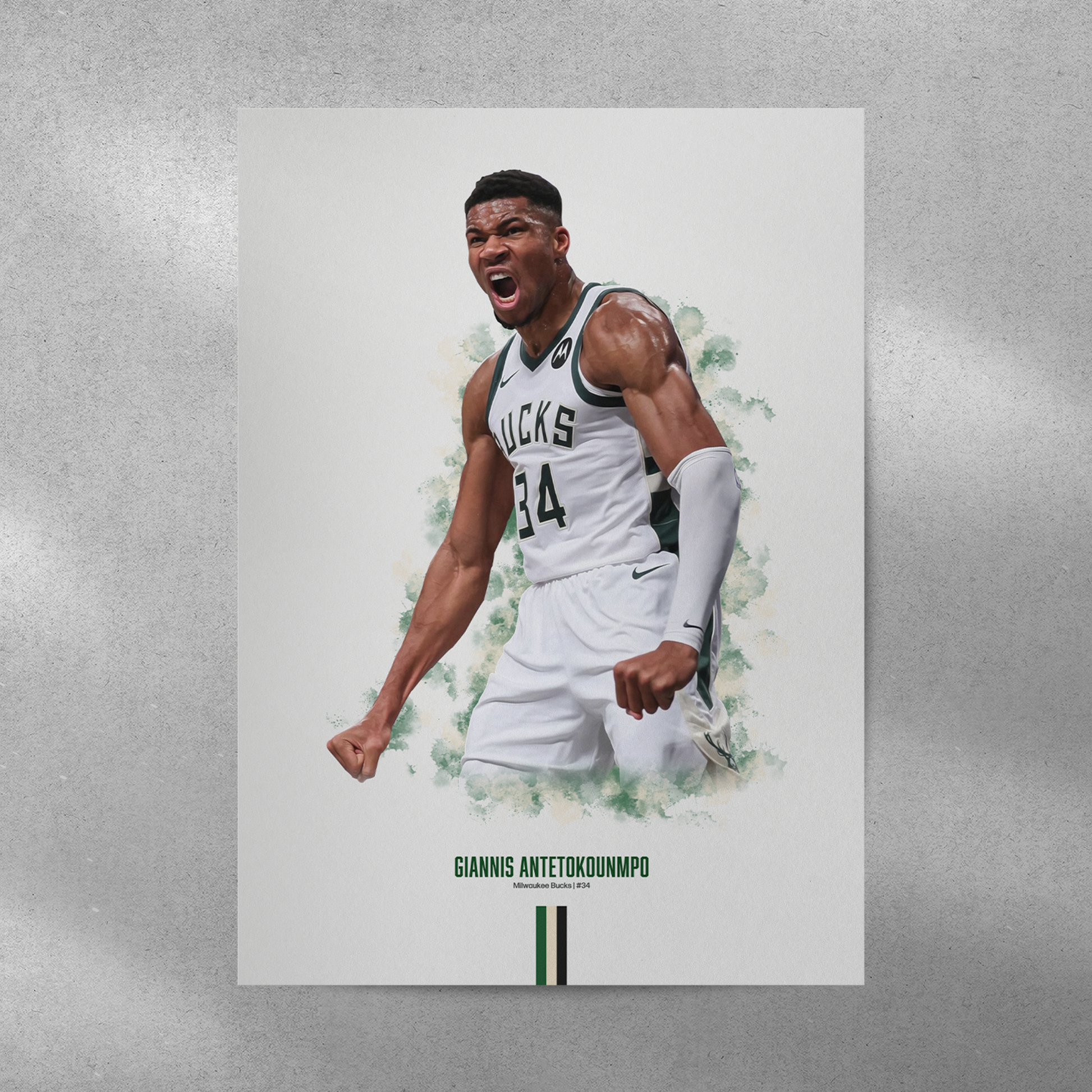 poster mockup of basketball player giannis antetokounmpo on a grey wall