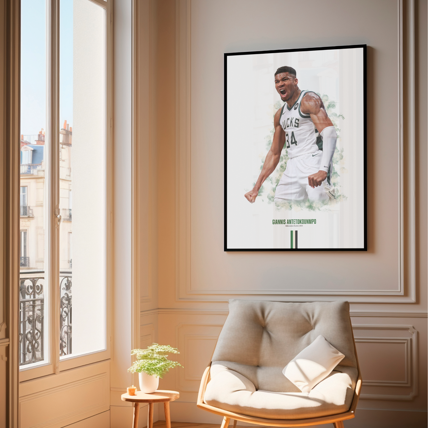 framed poster mockup of basketball player giannis antetokounmpo hanging in a living room