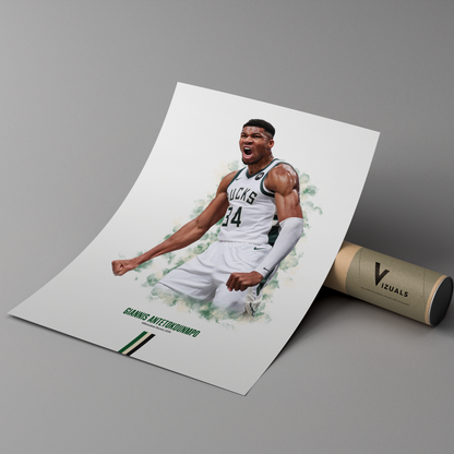 poster mockup of basketball player giannis antetokounmpo leaning on a cardboard tube