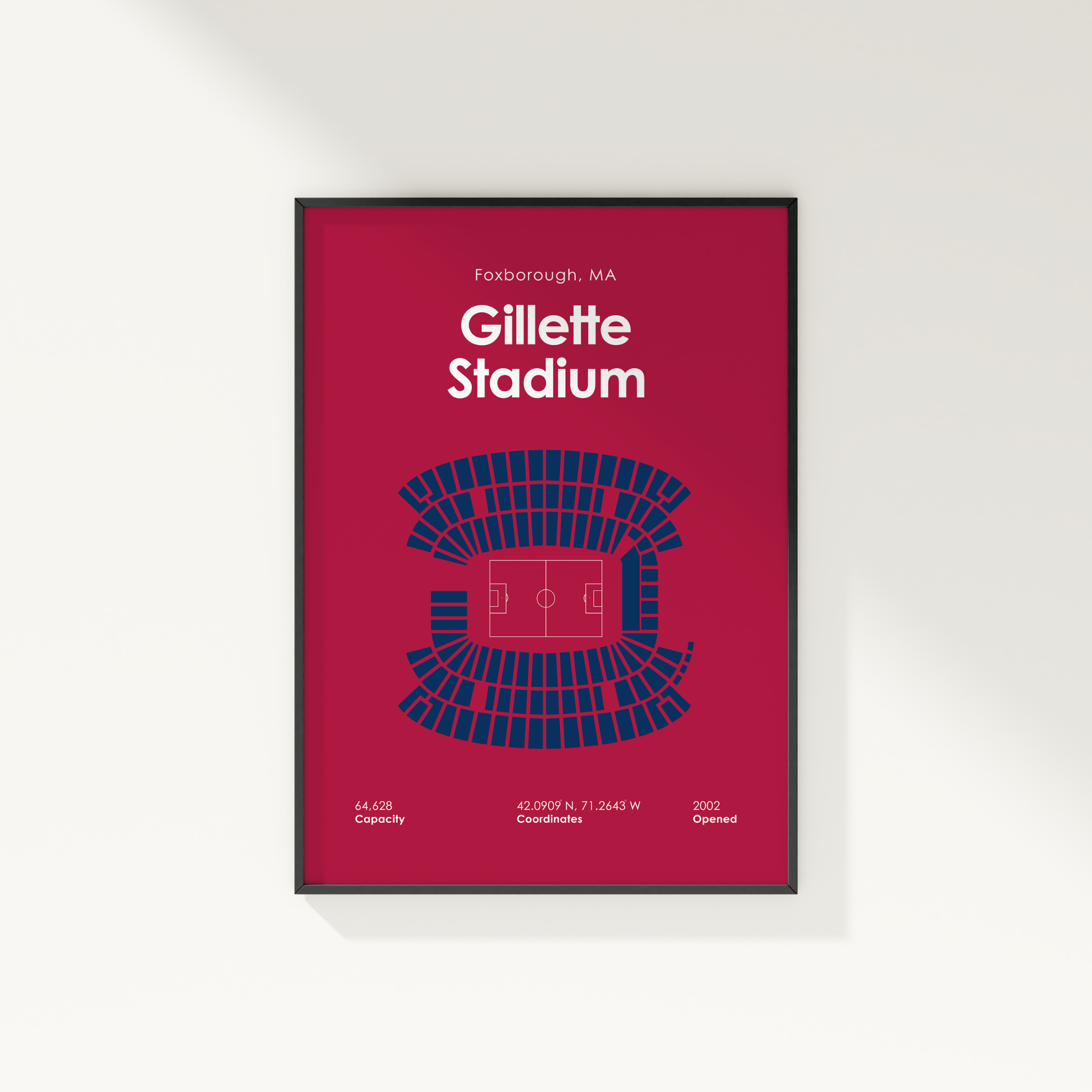 Framed poster of Gillette Stadium layout on a red background
