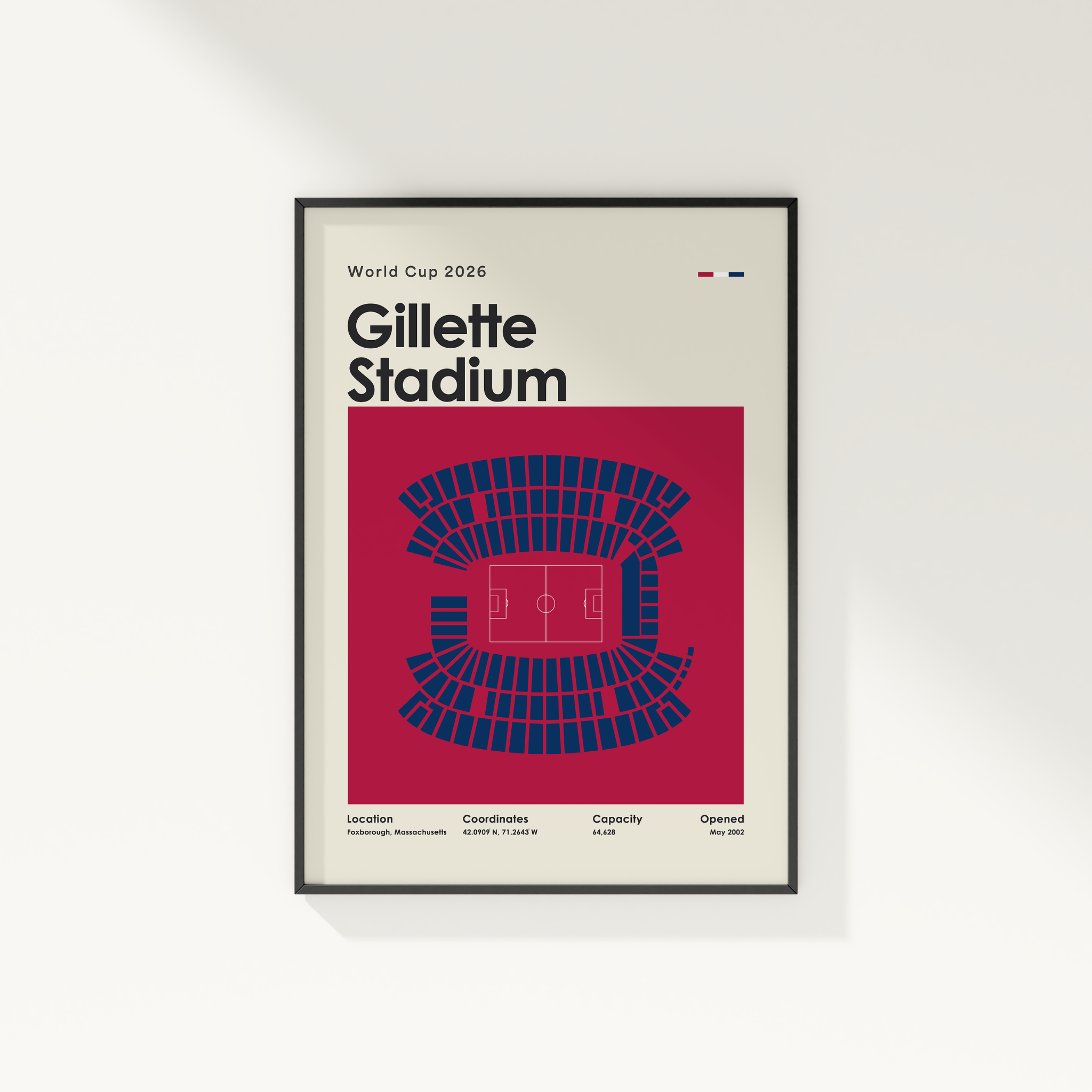 Framed poster of Gillette Stadium for World Cup 2026 on a white wall.
