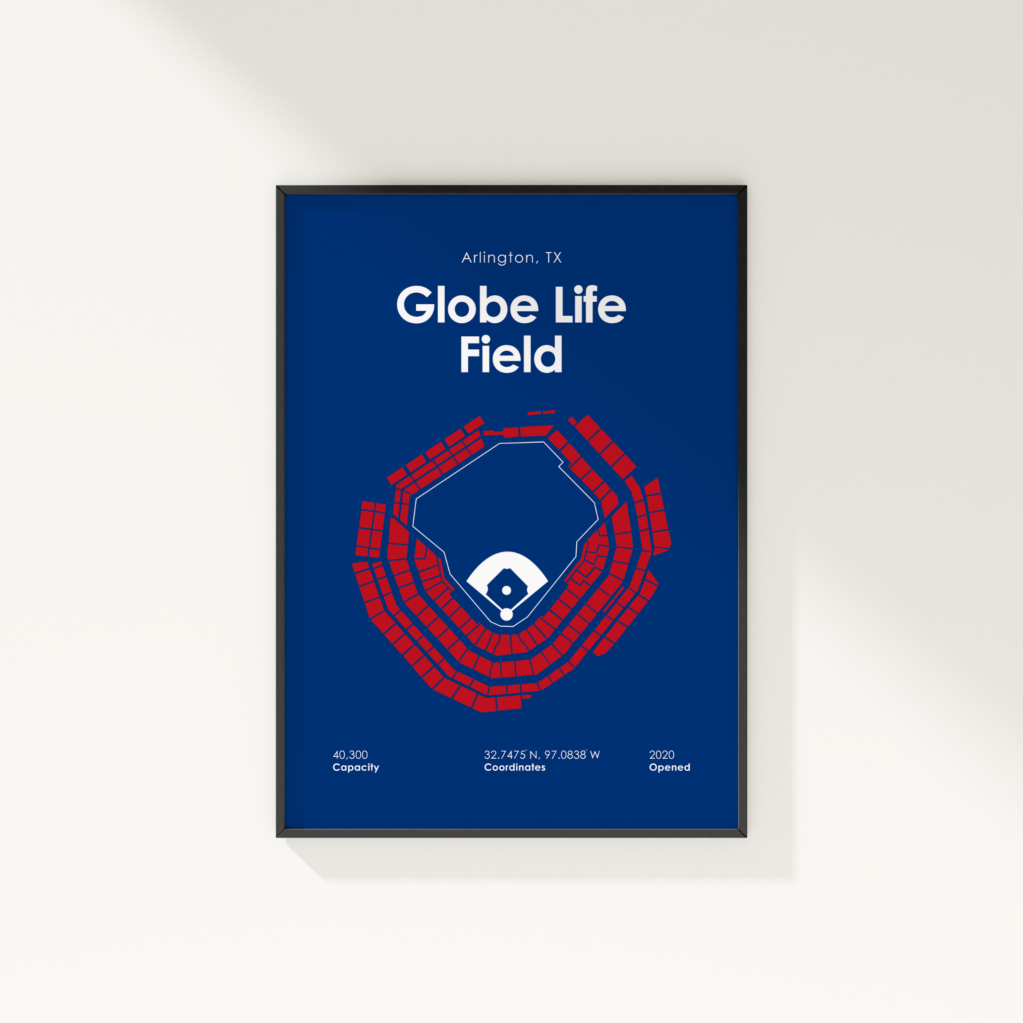 Framed poster of Globe Life Field with blue background and red stadium layout.