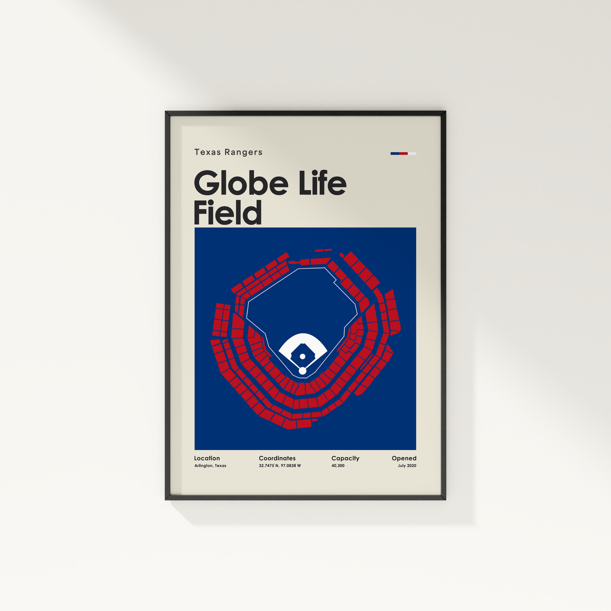 Framed poster of Globe Life Field with Texas Rangers logo on a white wall
