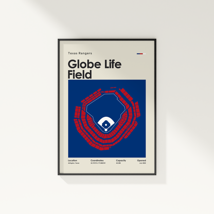 Framed poster of Globe Life Field with Texas Rangers logo on a white wall